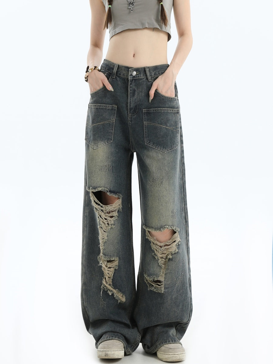 Gradient Ripped Wash Front Pocket Loose Jeans MW9361