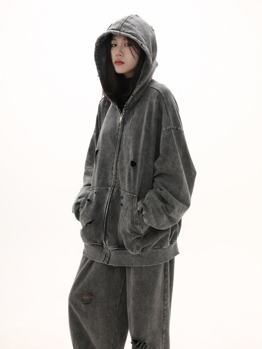 Ripped Distressed Hooded Sweat Parka GB7023