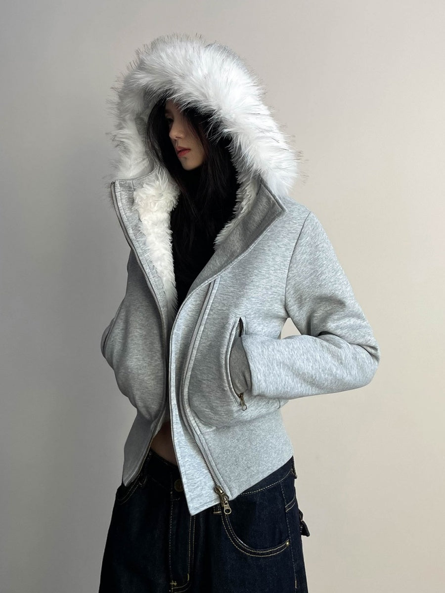 Fur Collar Short Hooded Sweat Jacket MW9763