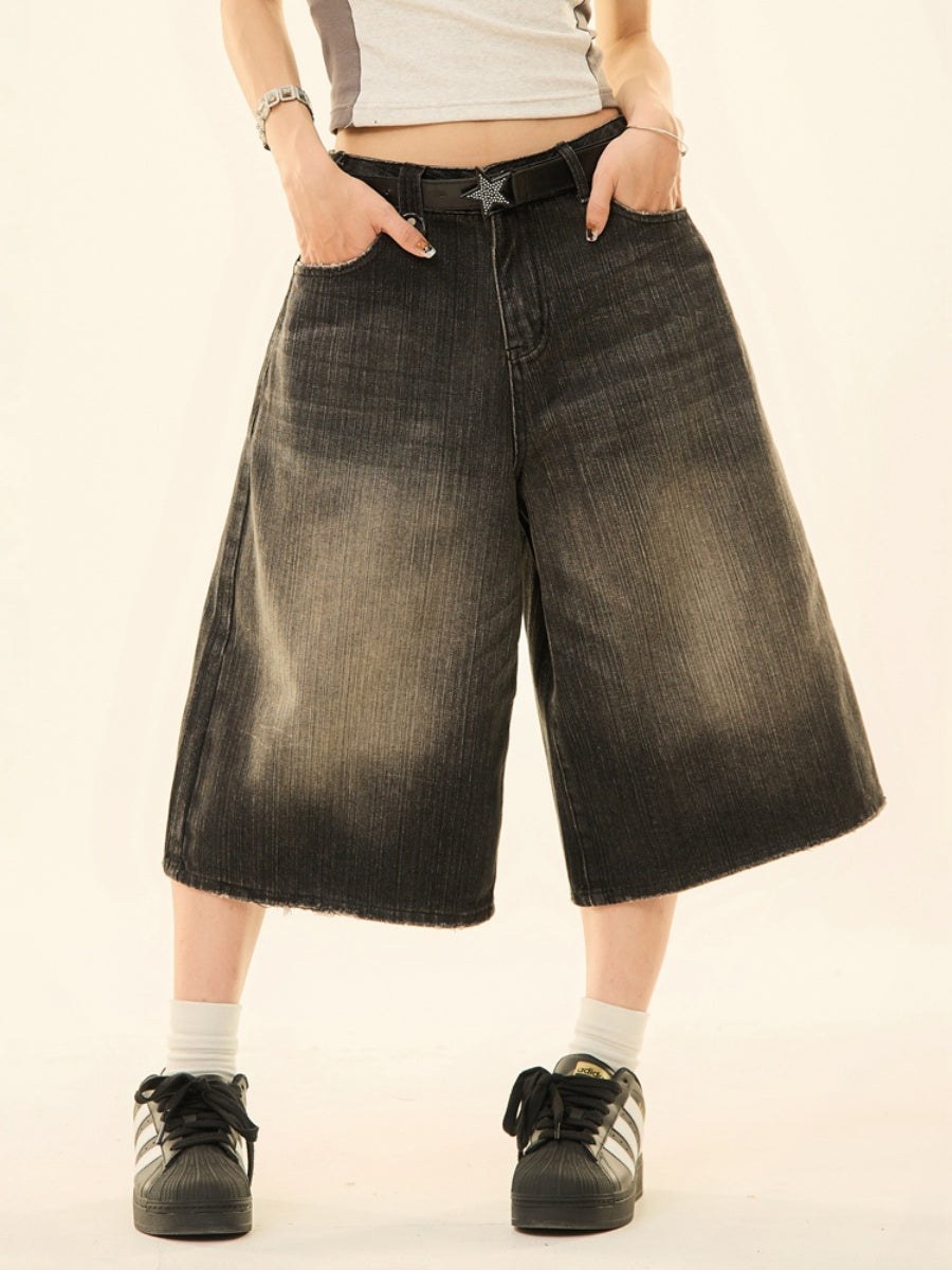 Vintage Wash Distressed Denim Wide-leg Cropped Pants MW9267