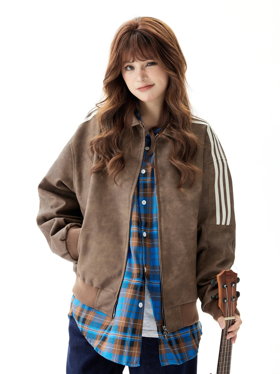 Side Striped Distressed Retro Leather Jacket MW9519