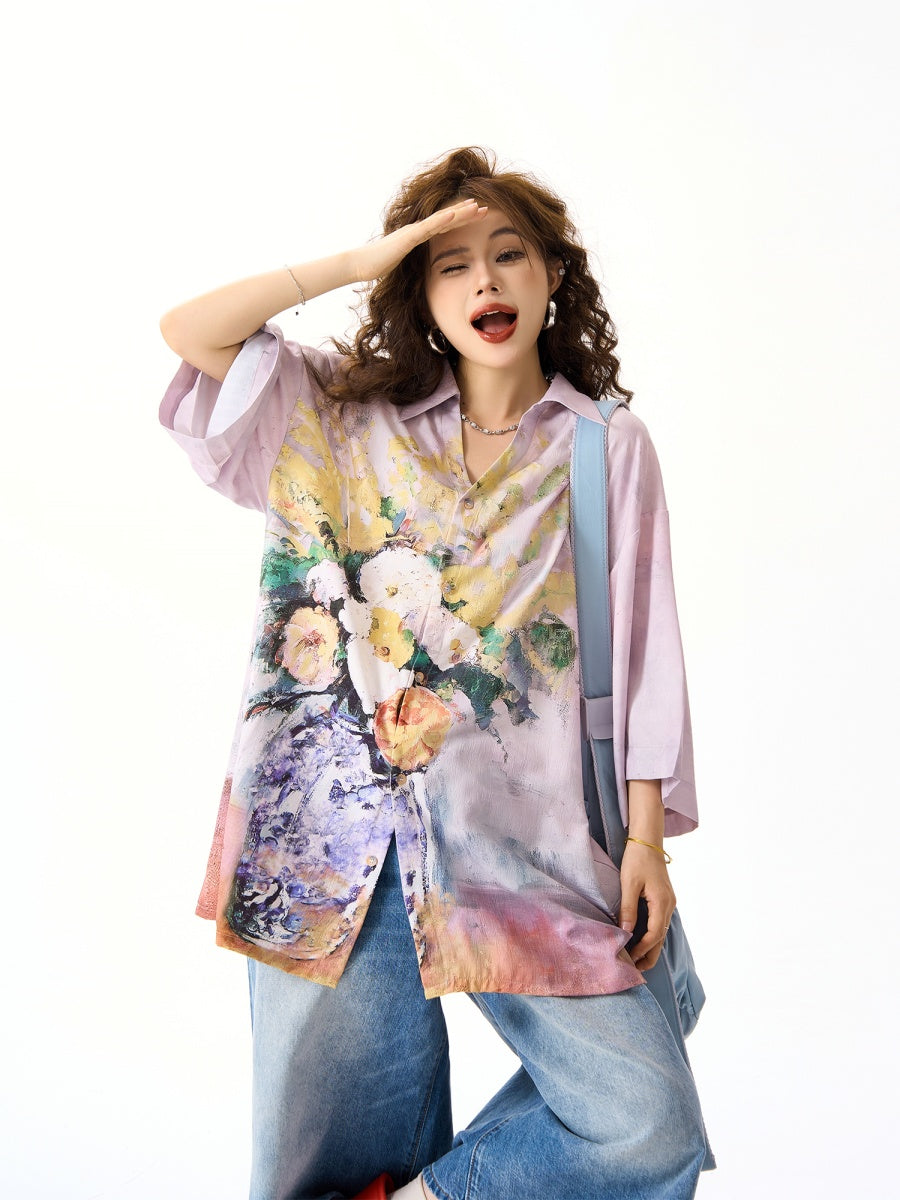 Retro Oil Painting Lazy Short-sleeved Shirt HG7121