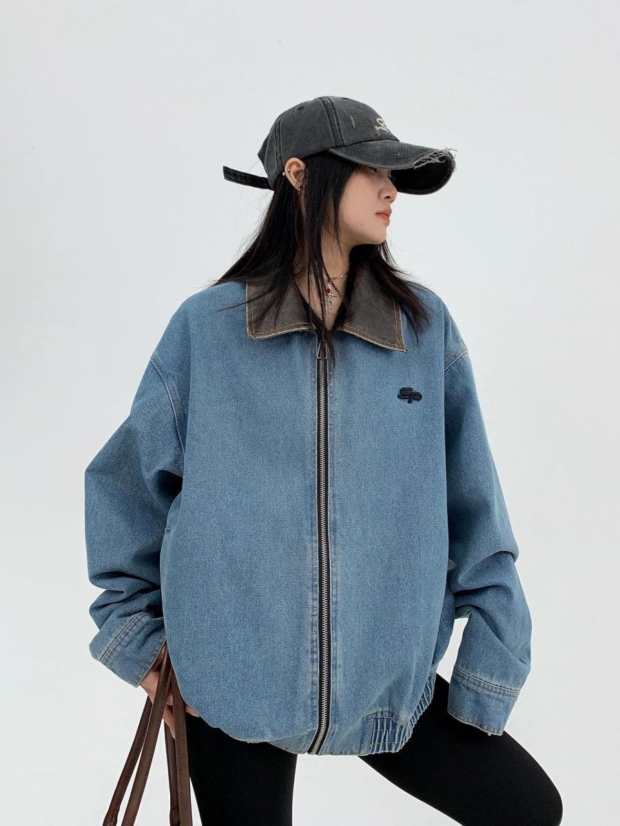 PU Leather Collar Stitched Denim Blouson MW9825