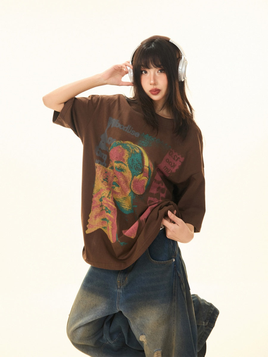 Vintage Character Print Loose T-Shirt MW9284