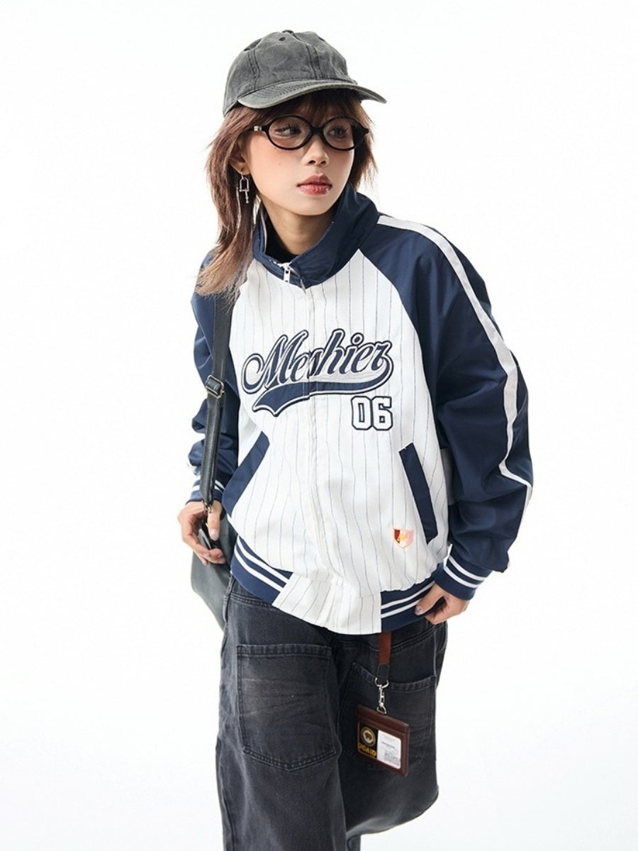 Baseball Style Color-block Stand Collar Jacket MW9799