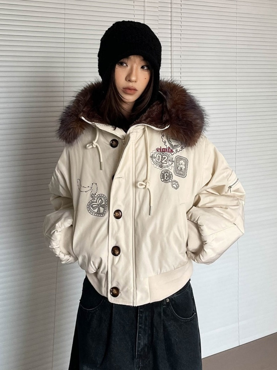 Hooded Volume Fur Collar Cropped Padded Jacket MW9770