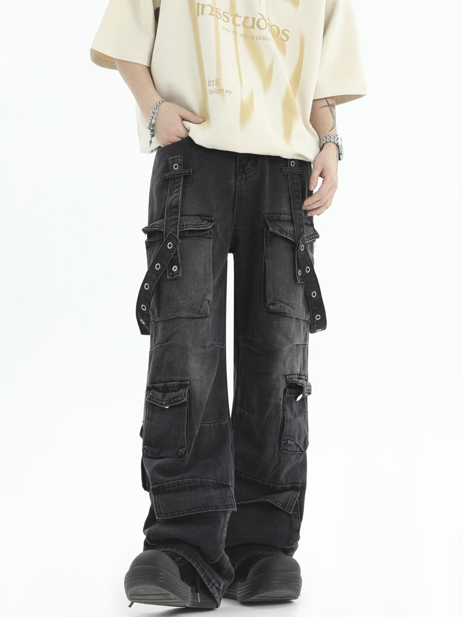 Retro Wide-leg Straigh Strap Cargo Jeans IN7010