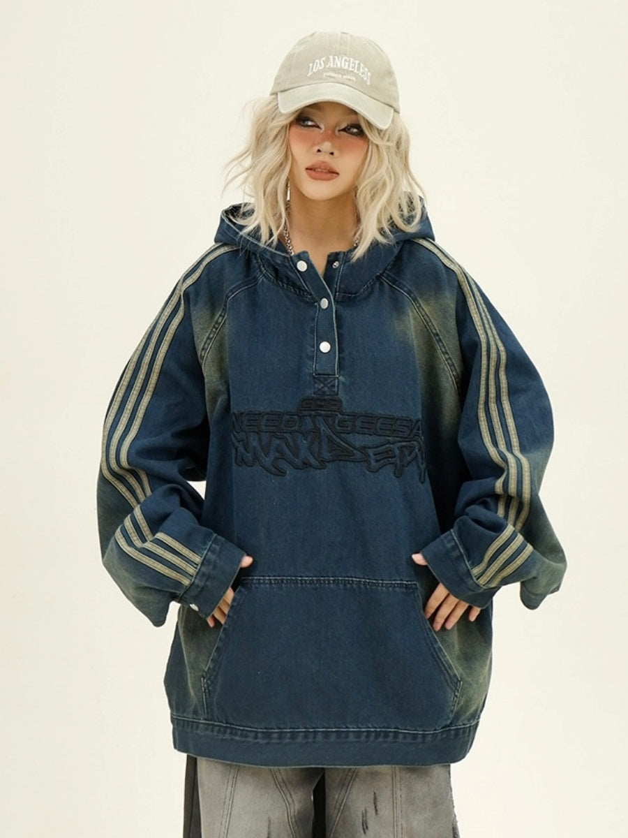 Letter Embroidery Denim Hooded Pullover MW9943