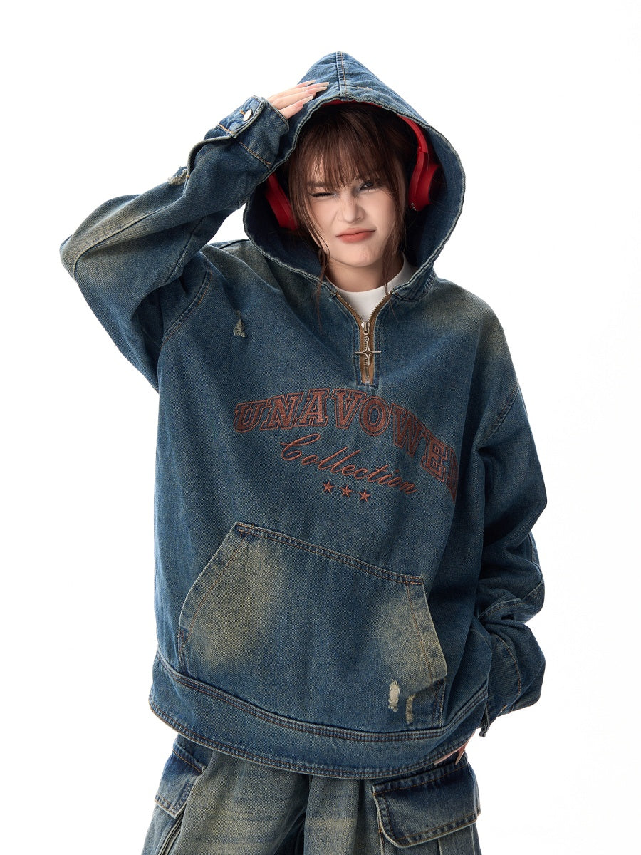 Vintage Embroidery Loose Half-ZIP Denim Hoodie MW9373