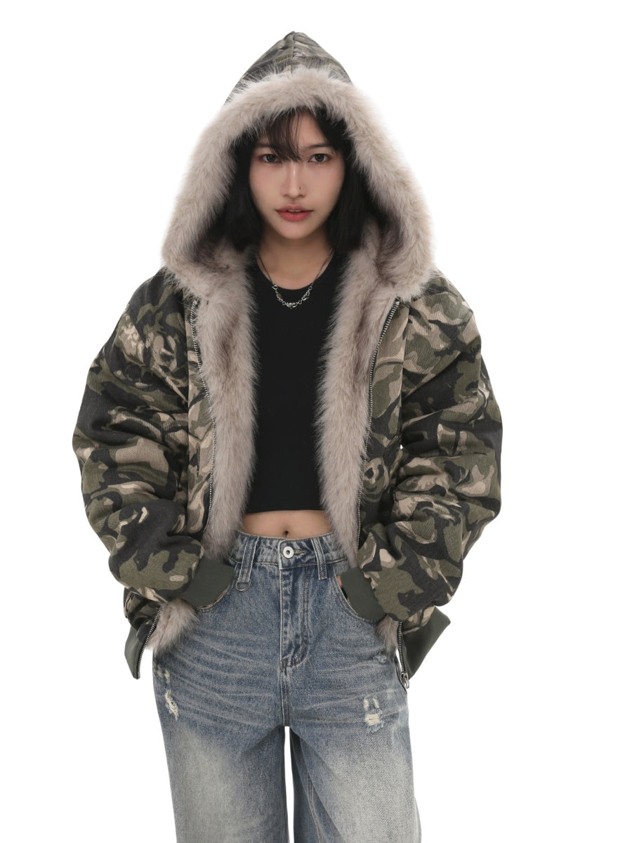 Fur Collar Hooded Camouflage Quilting Jacket GB7015