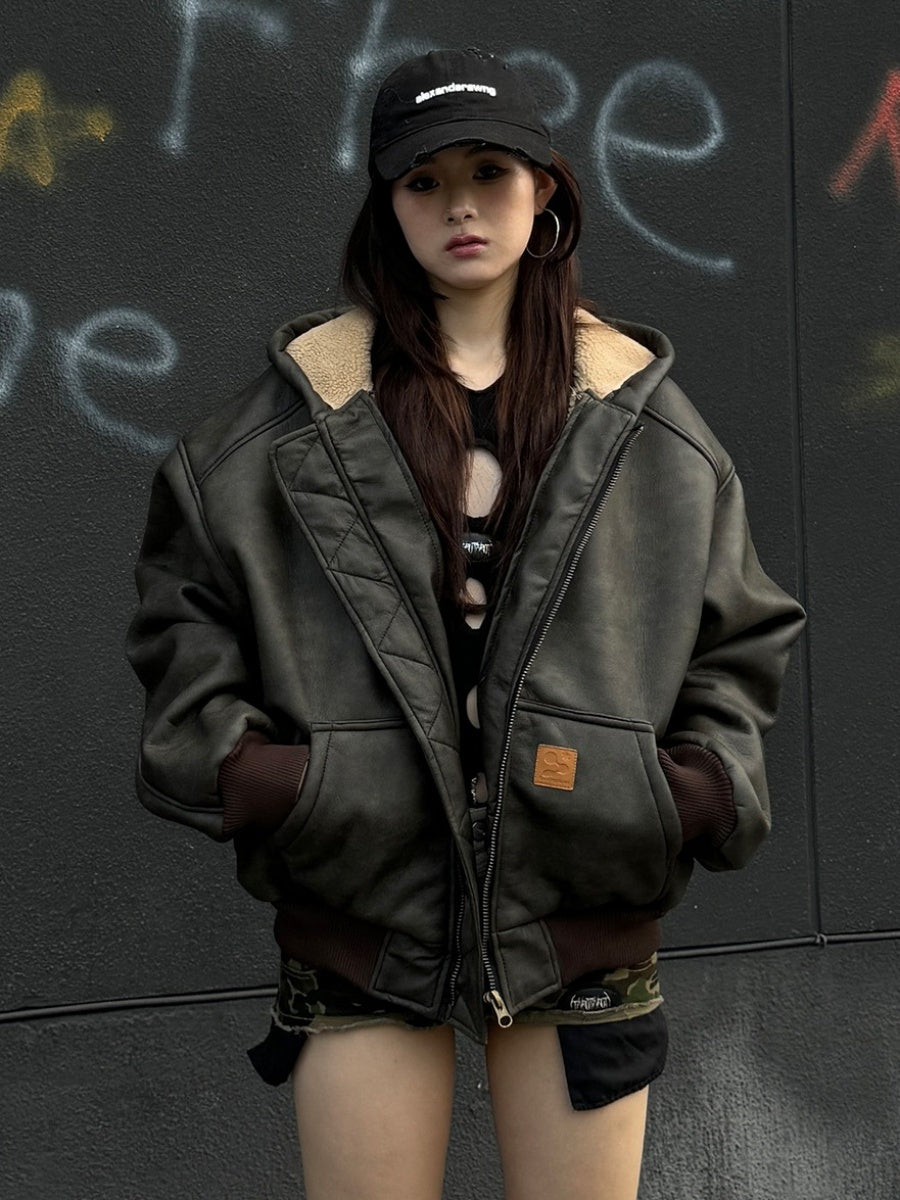 Retro Street PU Leather Boa Lining Hooded Jacket MW9574