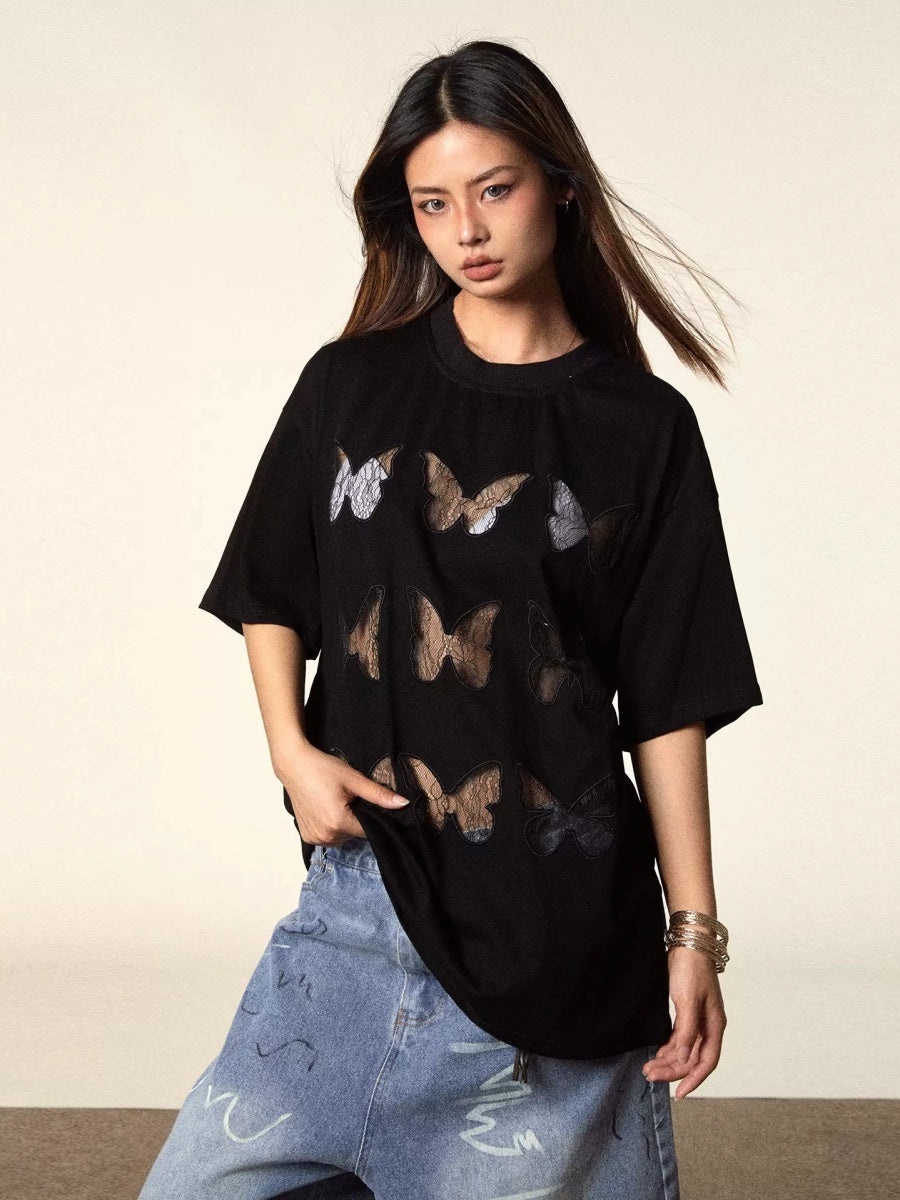 Lace Butterfly Cutout Embroidery T-Shirt BB7024