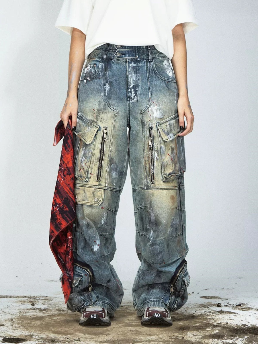 Graffiti Paint Design Multi-pocket Wide-leg Jeans PS7007
