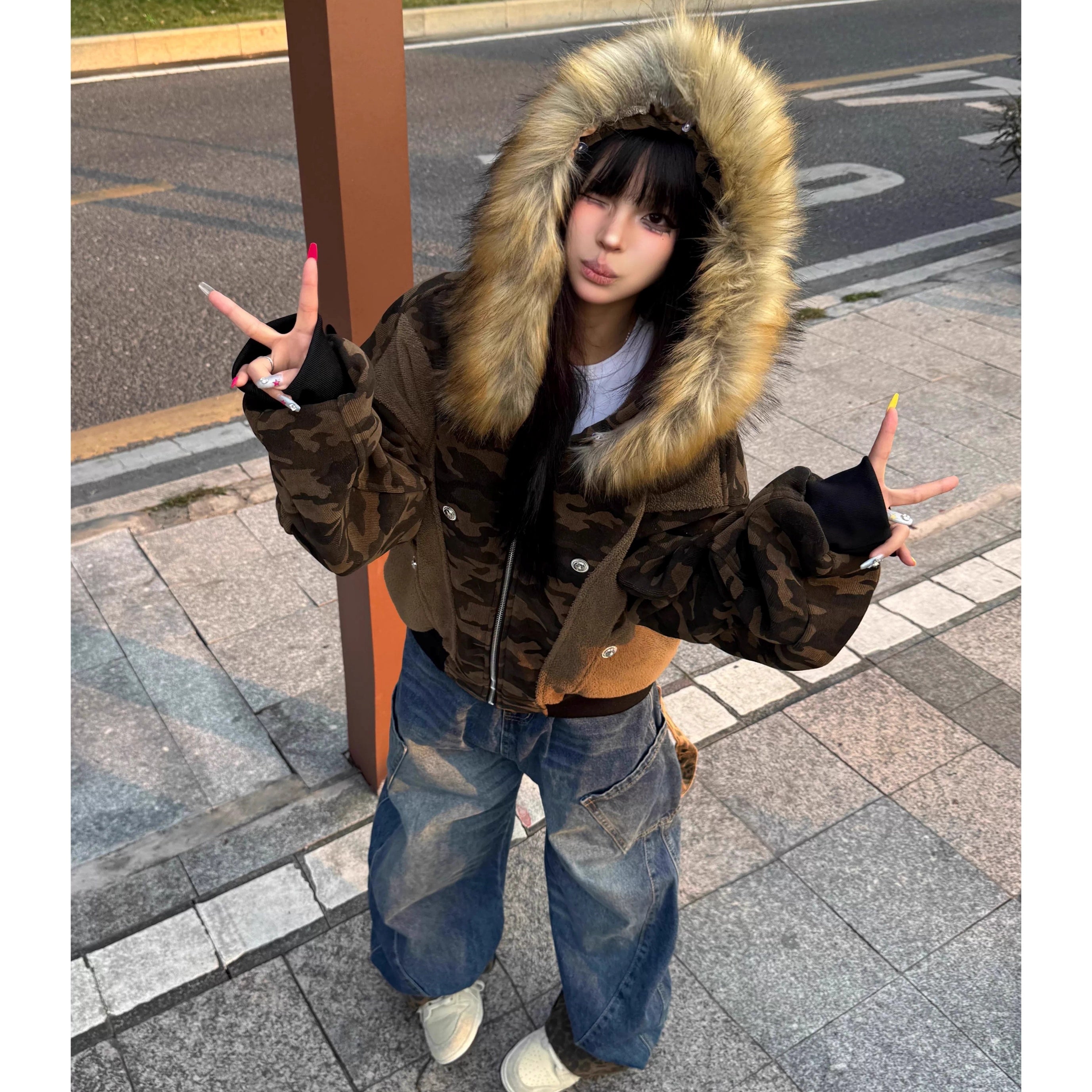 Camouflage Patchwork Fur Collar Hooded Jacket MW10312