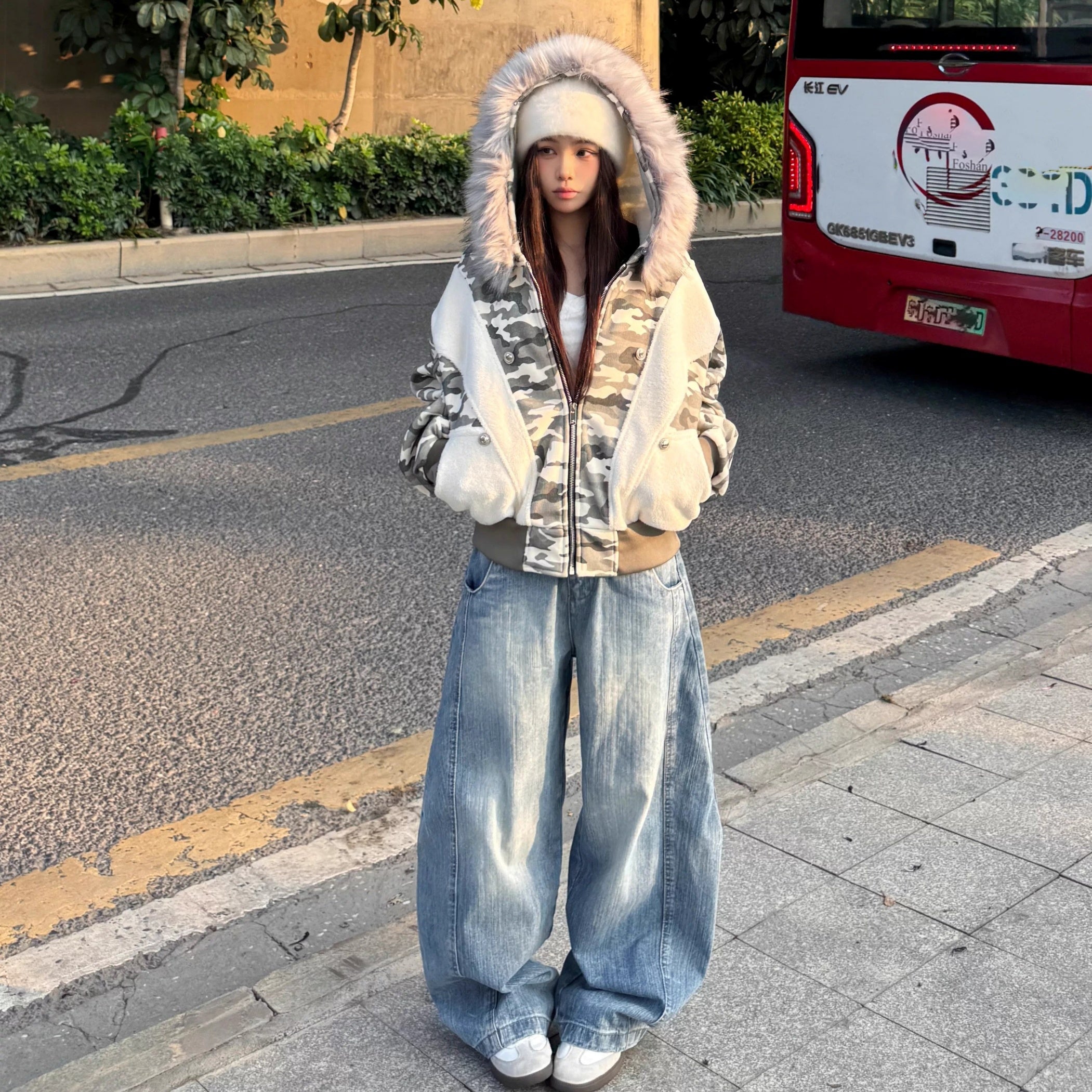 Camouflage Patchwork Fur Collar Hooded Jacket MW10312