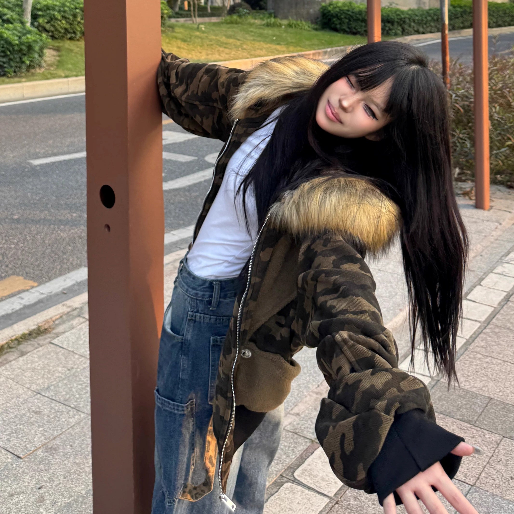 Camouflage Patchwork Fur Collar Hooded Jacket MW10312