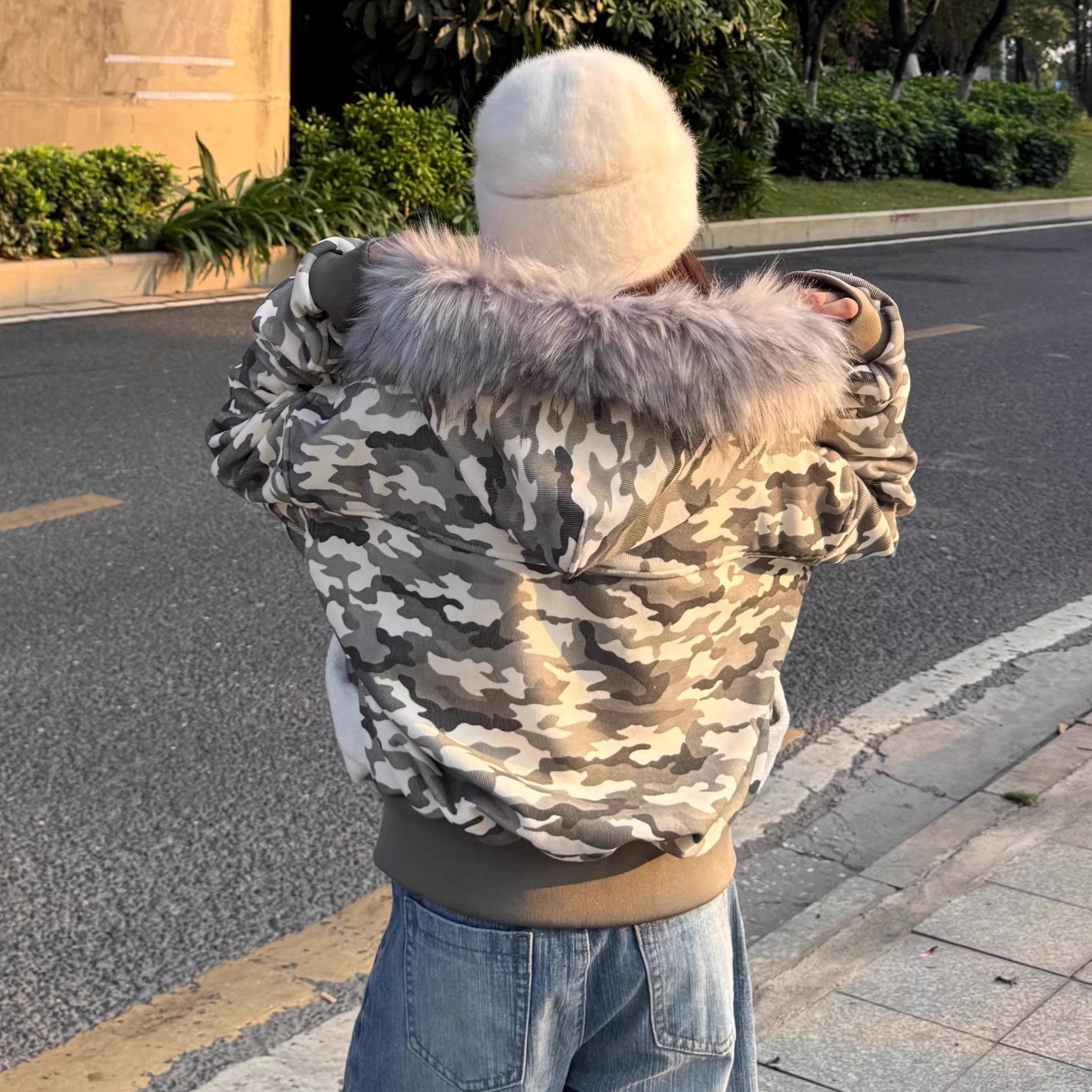 Camouflage Patchwork Fur Collar Hooded Jacket MW10312