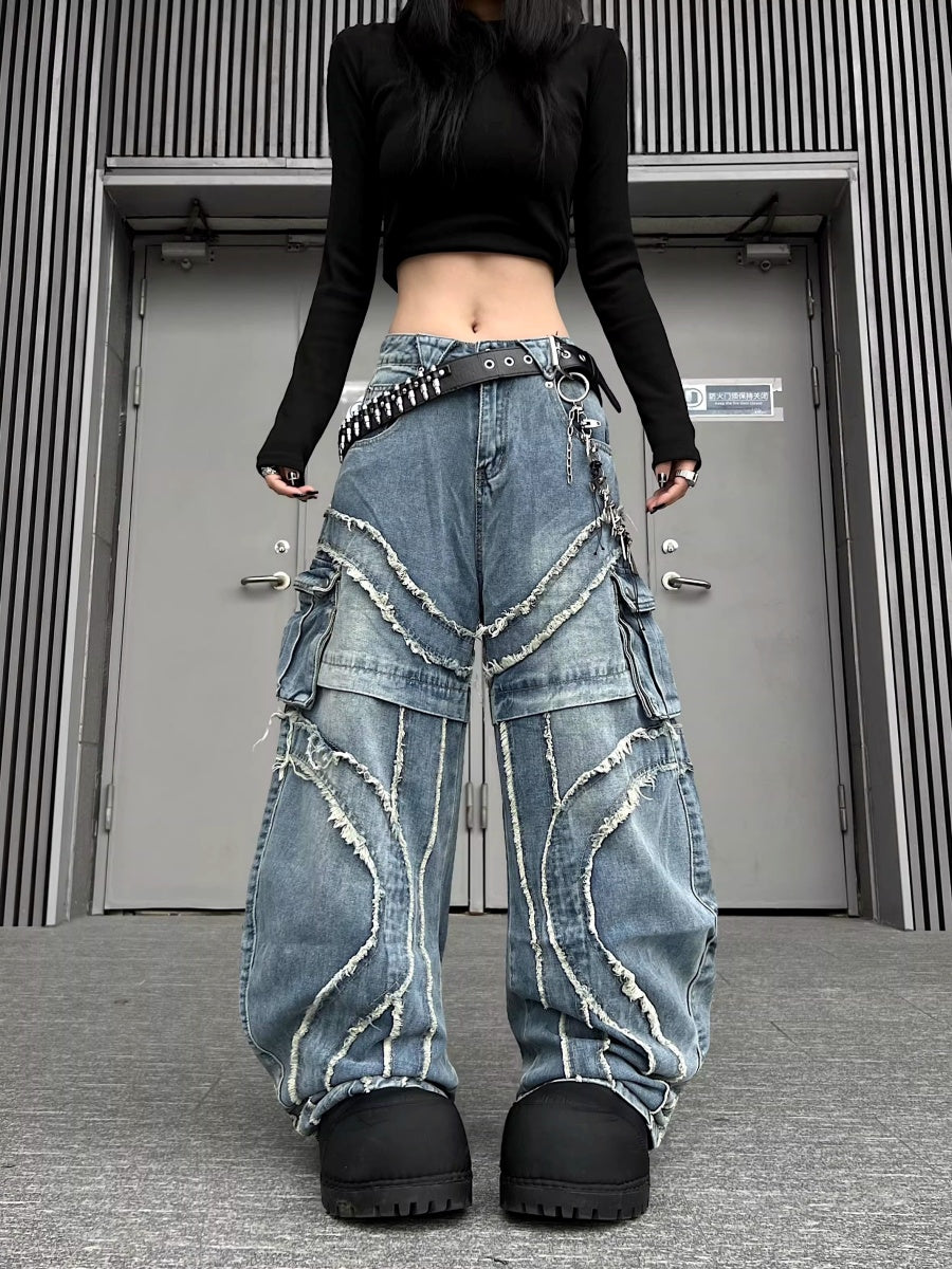 Washed Raw Edge Spliced Curve Jeans MW10351