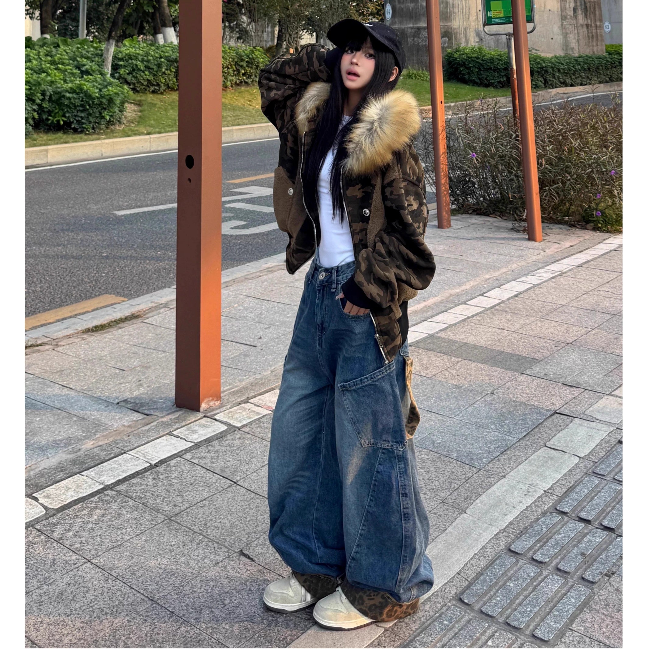 Camouflage Patchwork Fur Collar Hooded Jacket MW10312