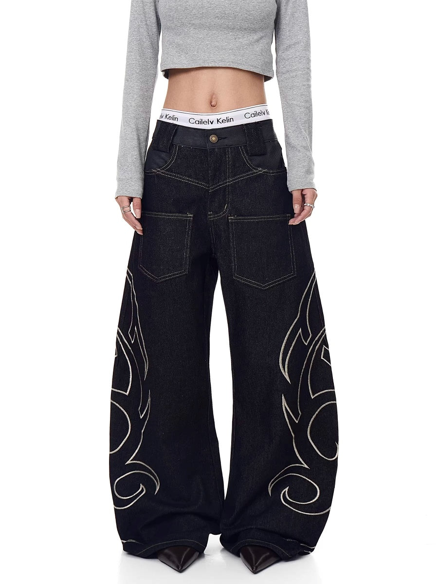 Flame Embroidery Wide-leg Curve Jeans MW10363