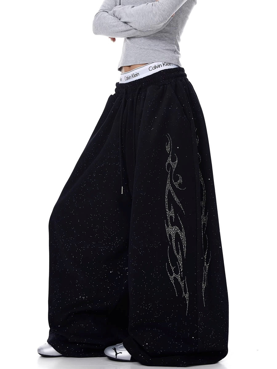 Flame Rhinestoner Wide Curve Sweat Pants MW10359