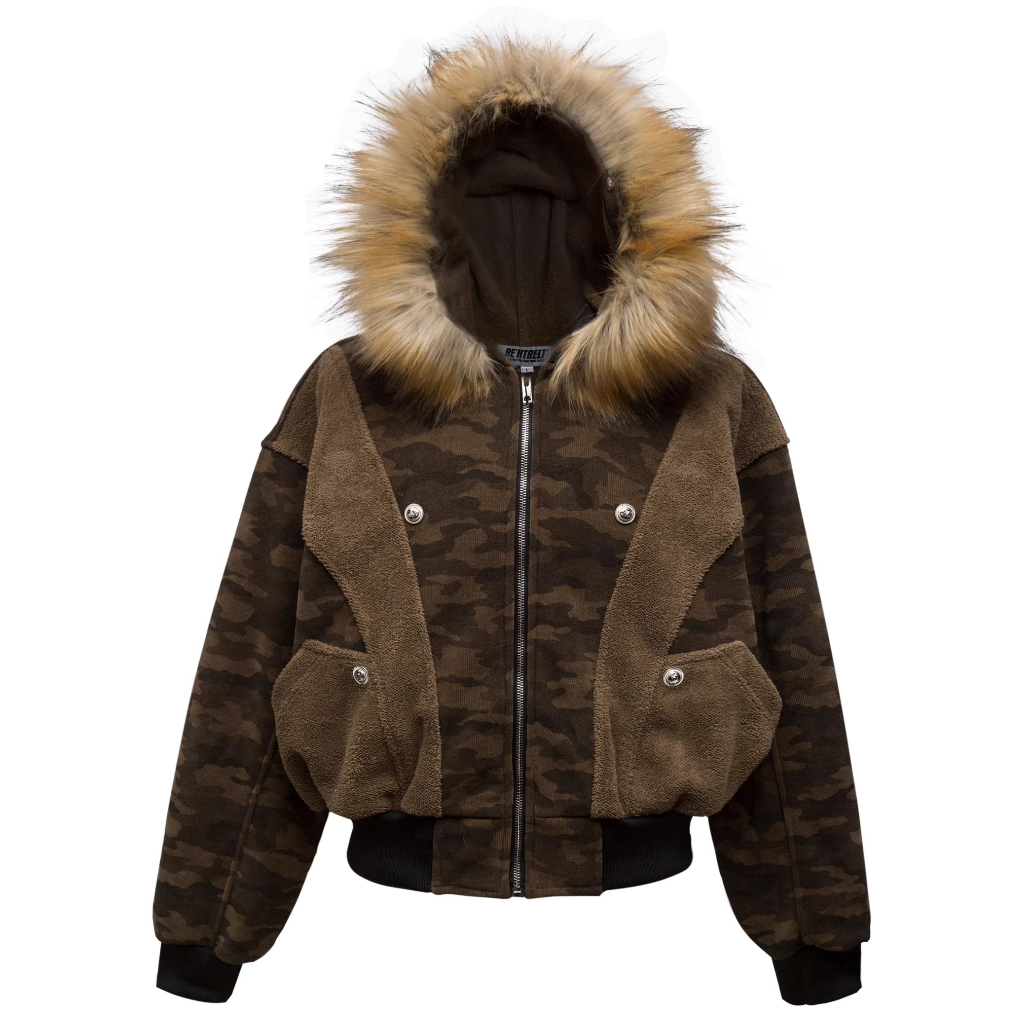 Camouflage Patchwork Fur Collar Hooded Jacket MW10312