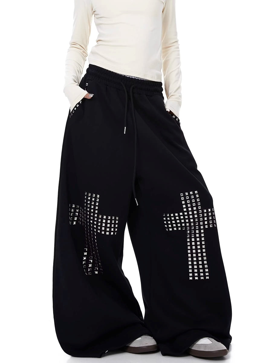 Studded Cross Drawstring Wide Sweat Pants MW10361