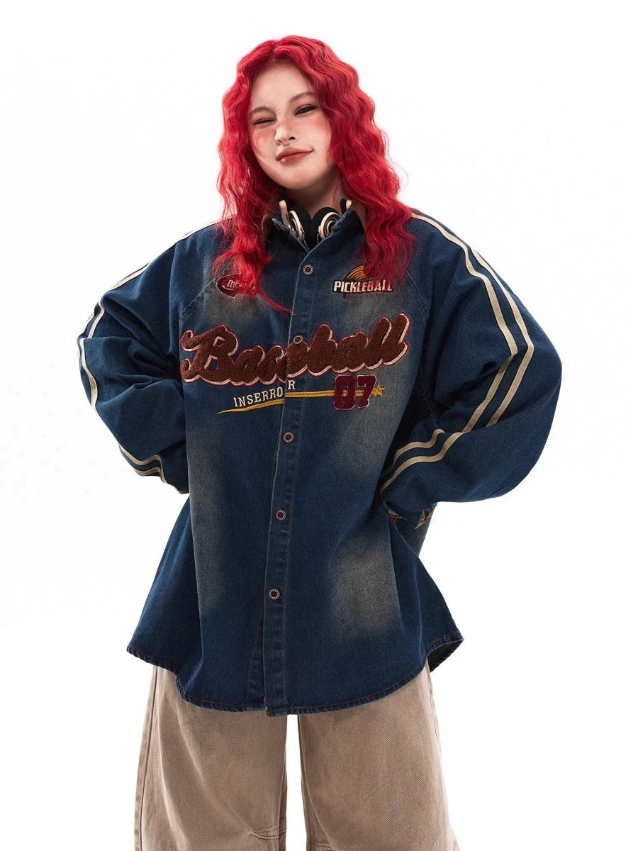 Flocking Letter Embroidery Washed Denim Shirt MW10317