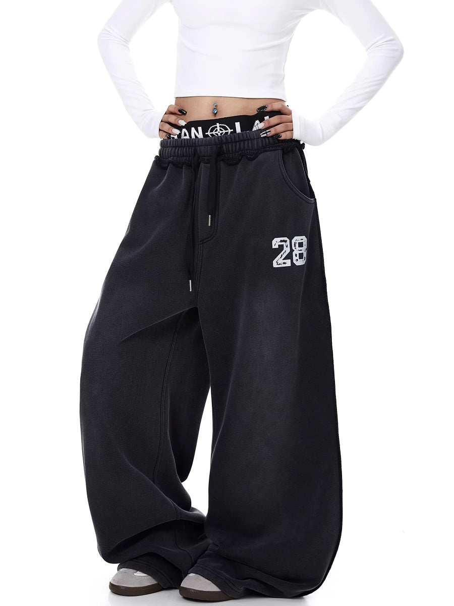 Washed Double Waist Letter Print Sweat Pants BK7069