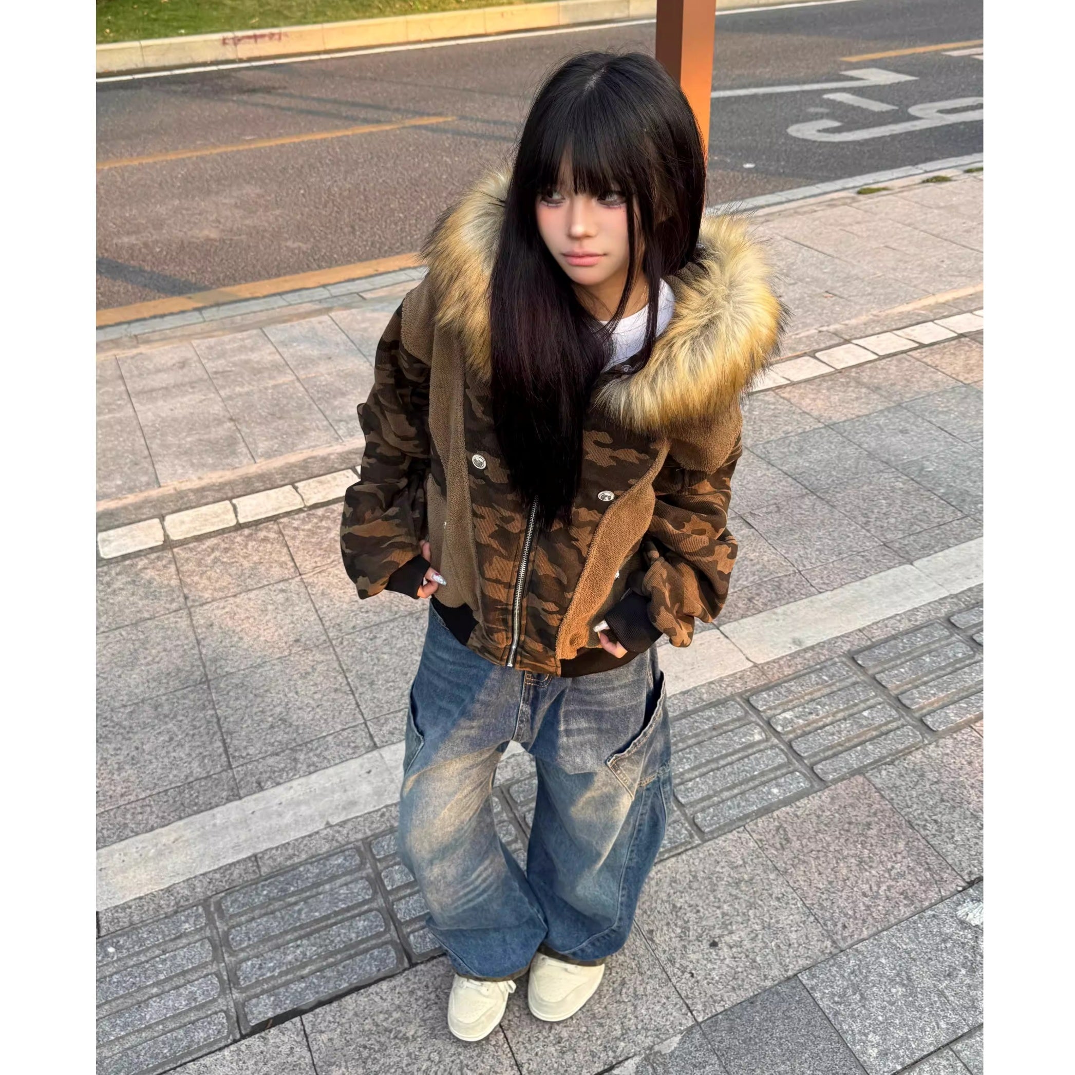 Camouflage Patchwork Fur Collar Hooded Jacket MW10312