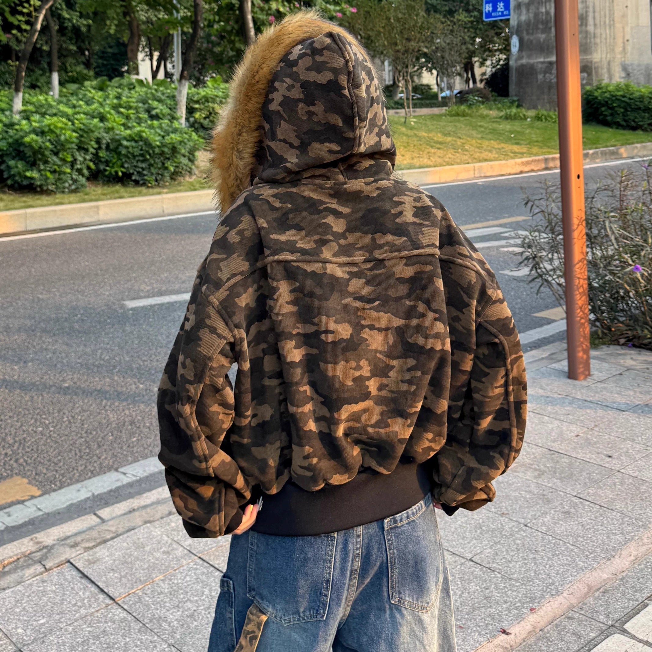 Camouflage Patchwork Fur Collar Hooded Jacket MW10312