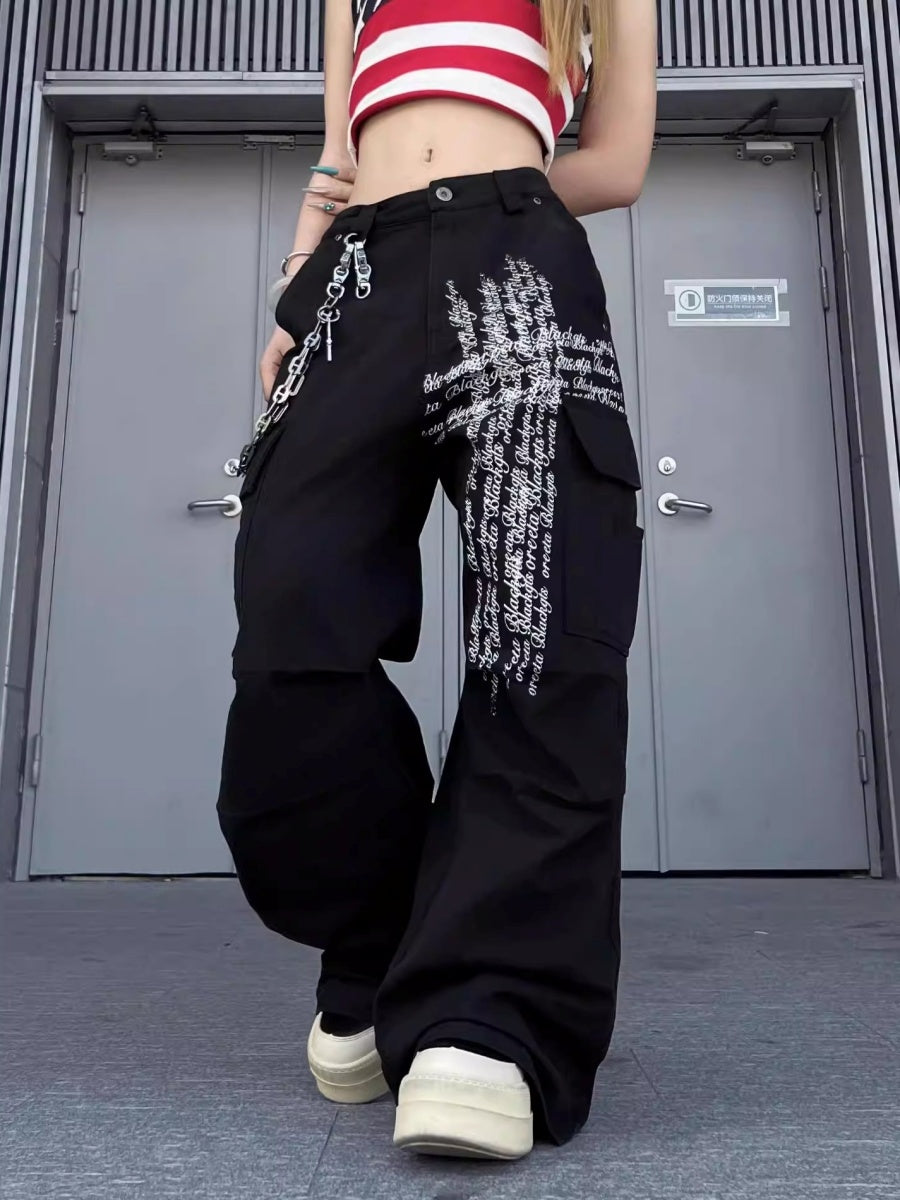 Letter Print Damage Pleats Cargo Pants MW10343