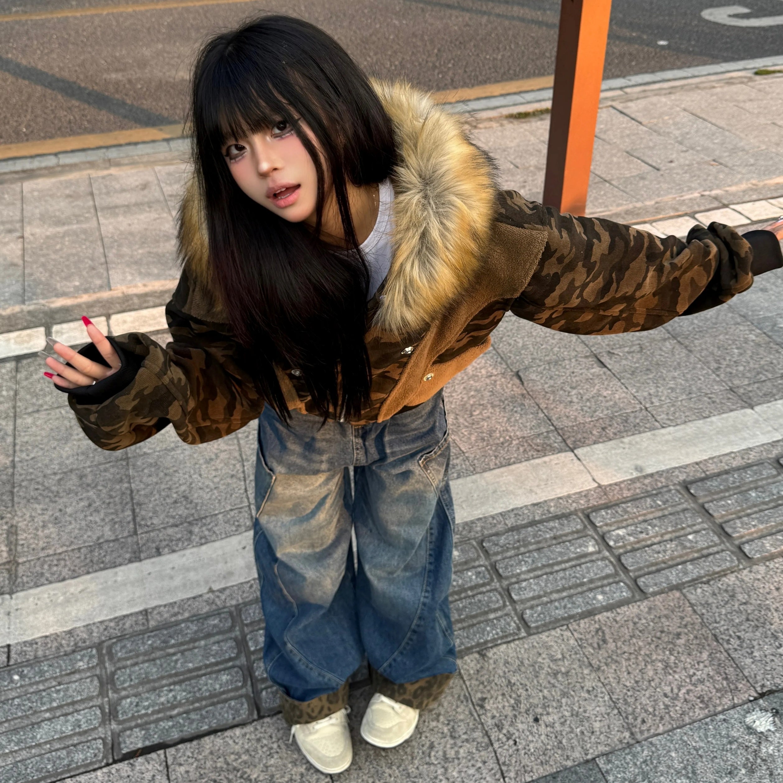 Camouflage Patchwork Fur Collar Hooded Jacket MW10312