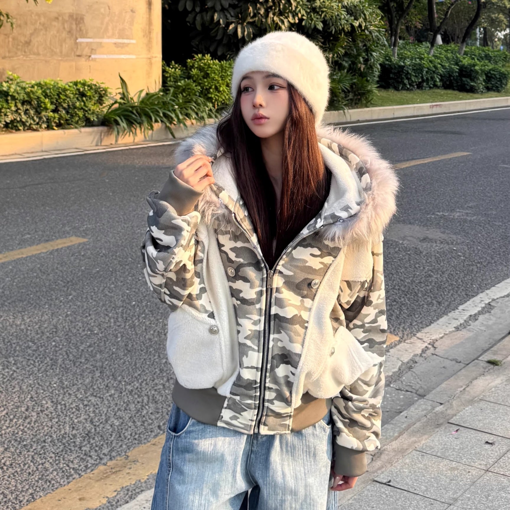 Camouflage Patchwork Fur Collar Hooded Jacket MW10312