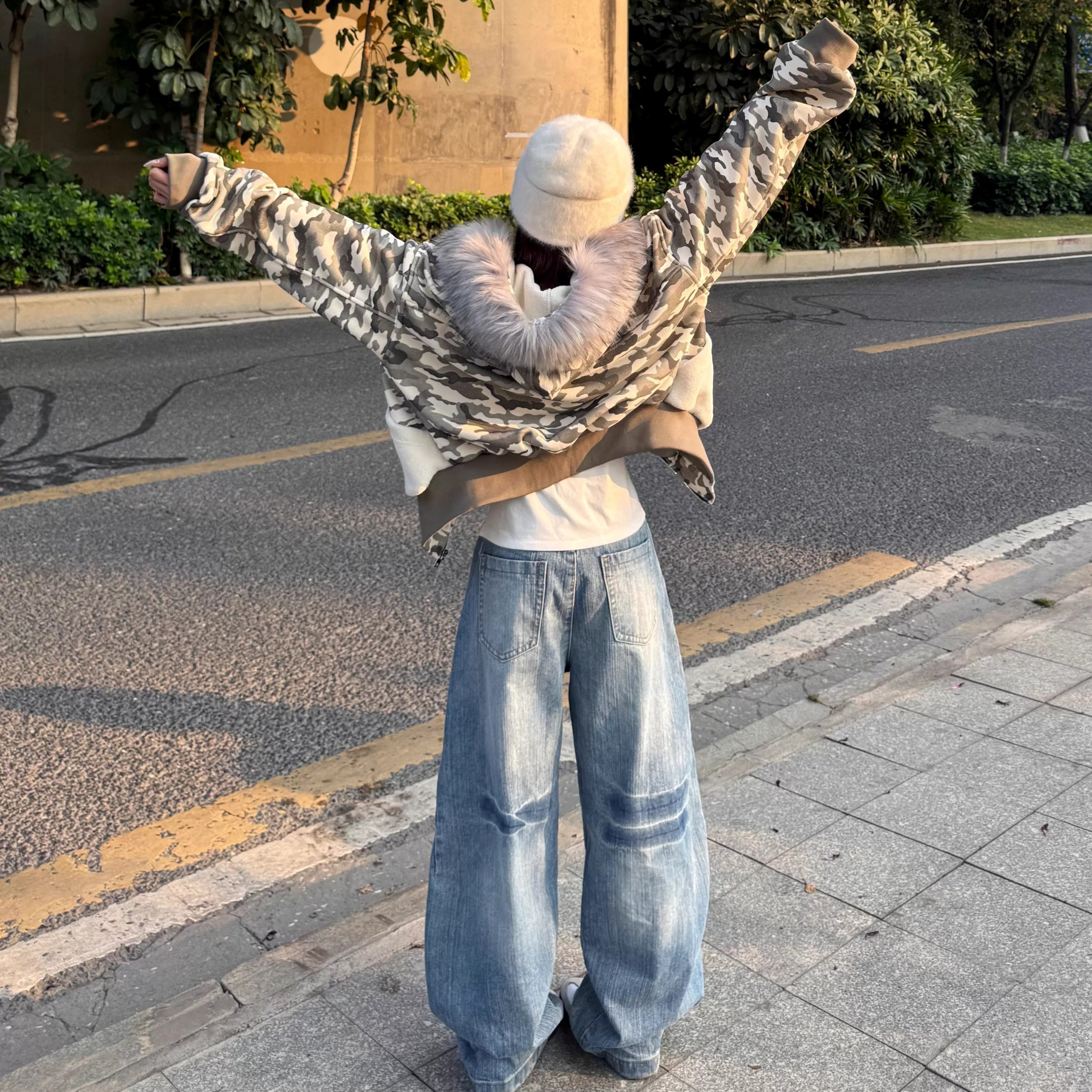 Camouflage Patchwork Fur Collar Hooded Jacket MW10312