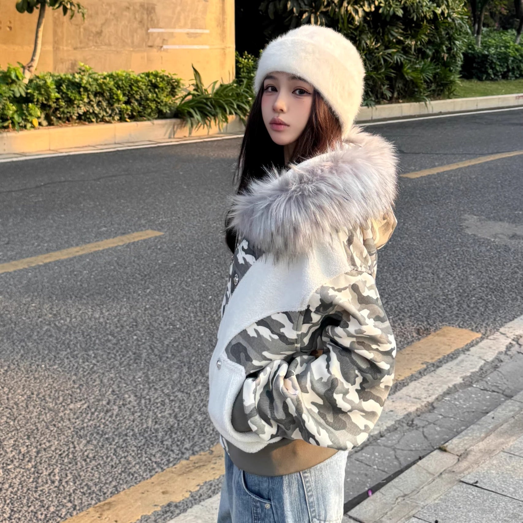 Camouflage Patchwork Fur Collar Hooded Jacket MW10312