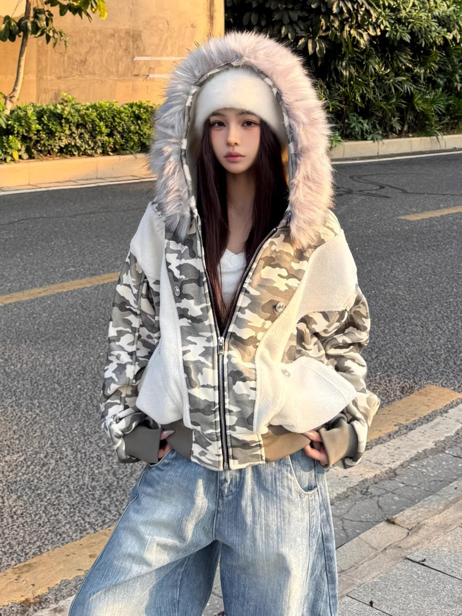 Camouflage Patchwork Fur Collar Hooded Jacket MW10312