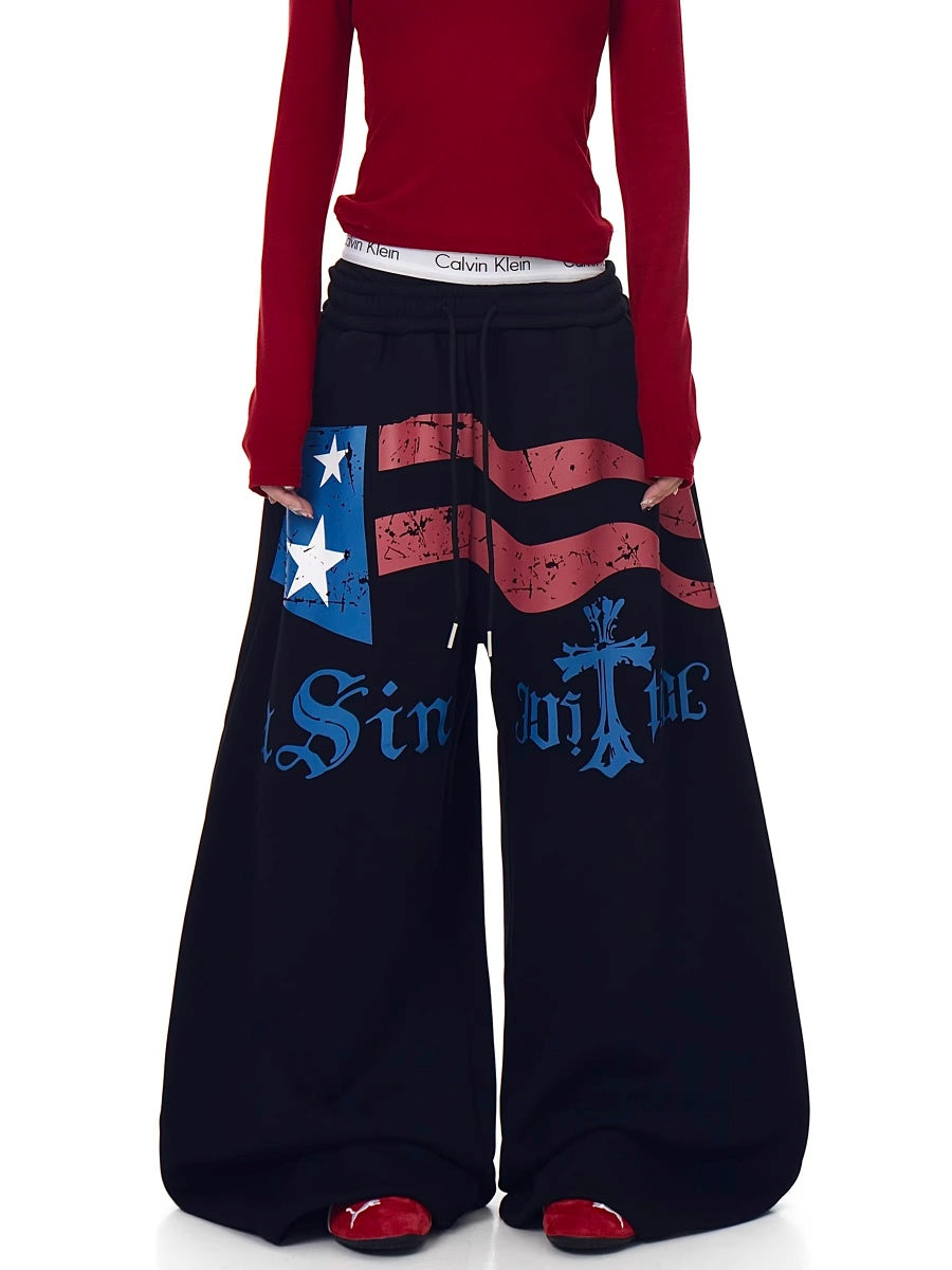 Flag Print Wide Sweat Curve Pants BK7067