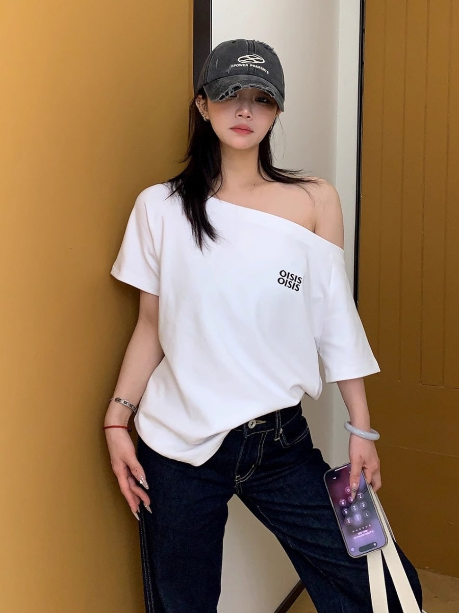 Cropped Slanted Shoulder Embroidered T-shirt OS2017