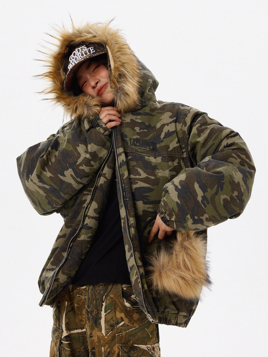 Retro Camouflage Fur Collar Hooded Jacket TP9004