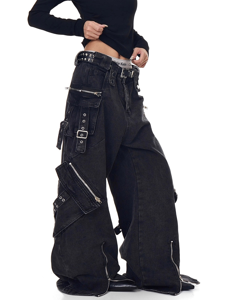 Heavy Washed Zipper Design Cargo Jeans BK7023
