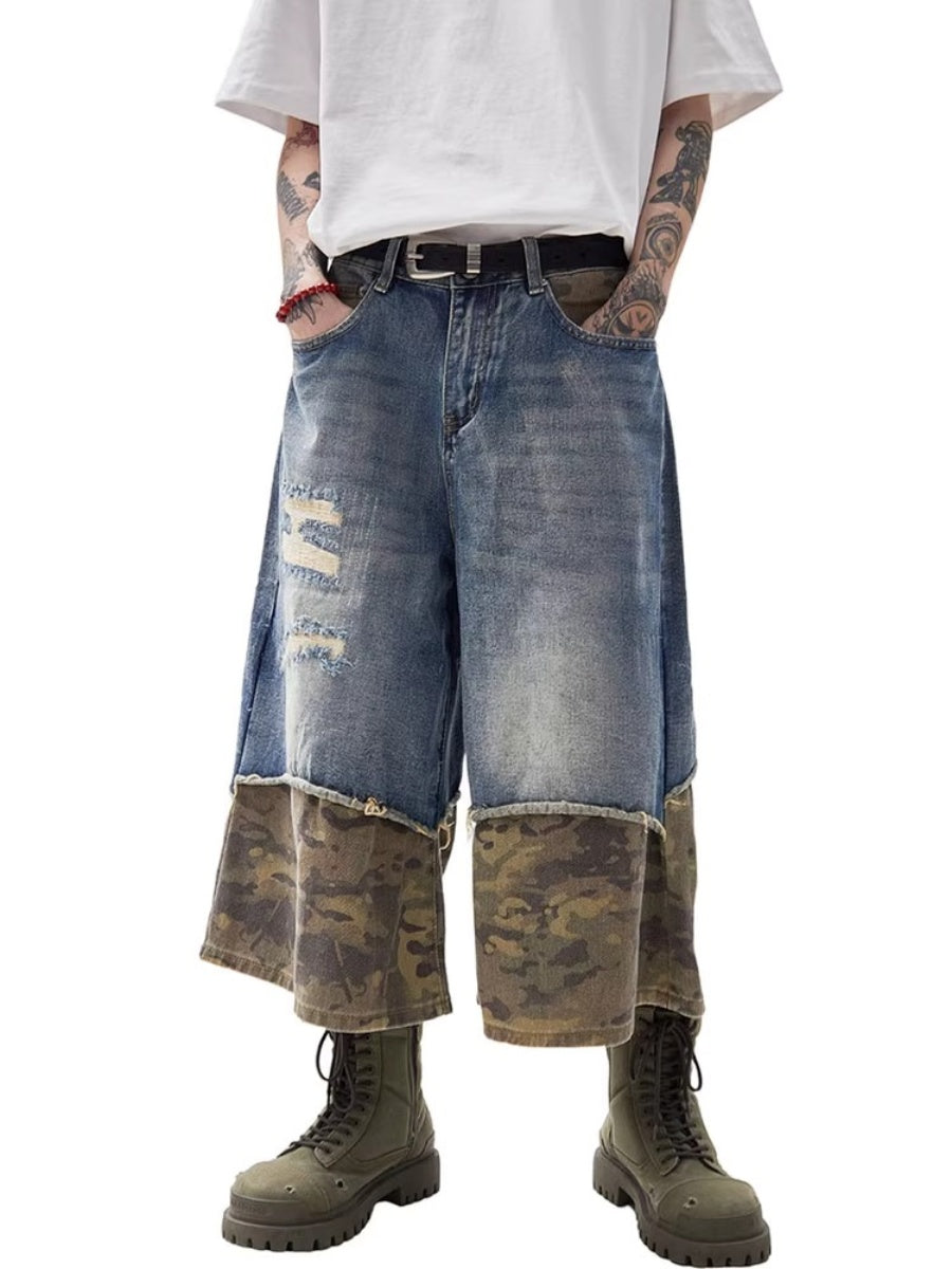 Stitching Camouflage Loose Denim Half Pants MW10218