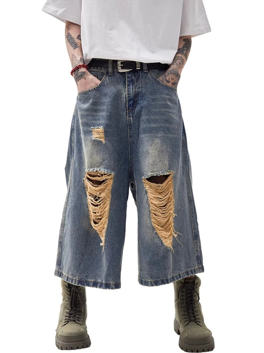 Ripped Holes Washed Denim Half Pants MW10217