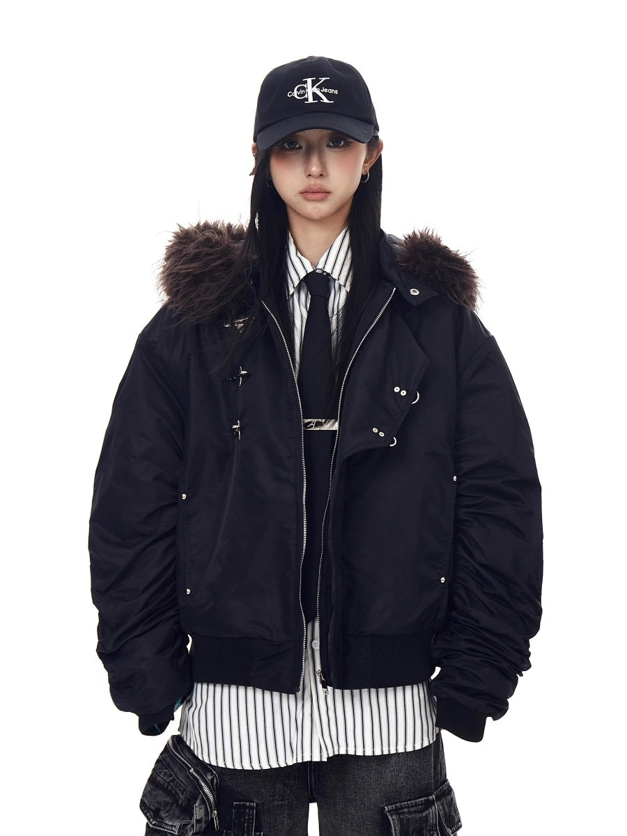 Fur Collar Airplane Buckle Hooded Jacket MW10305