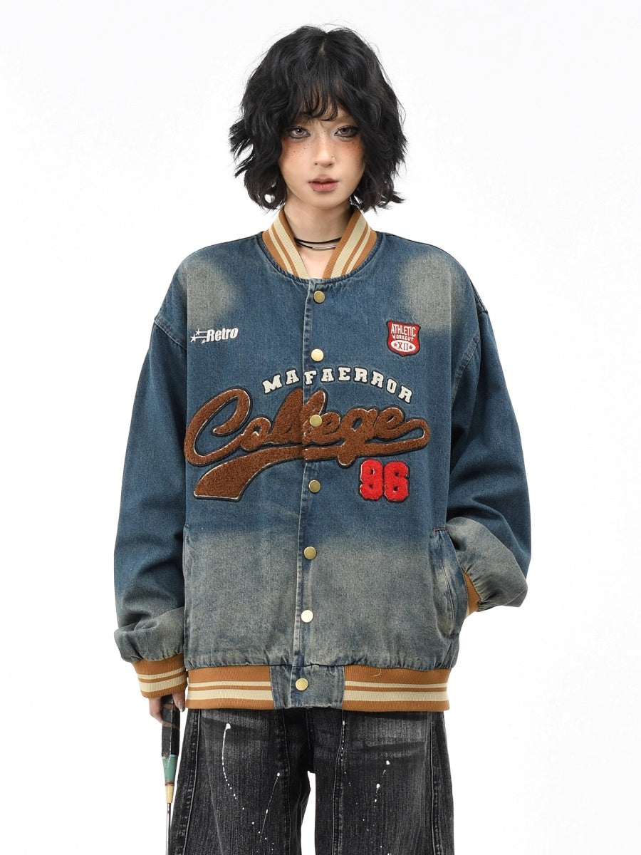 Retro Washed Embroidered Denim Baseball Jacket MW10303