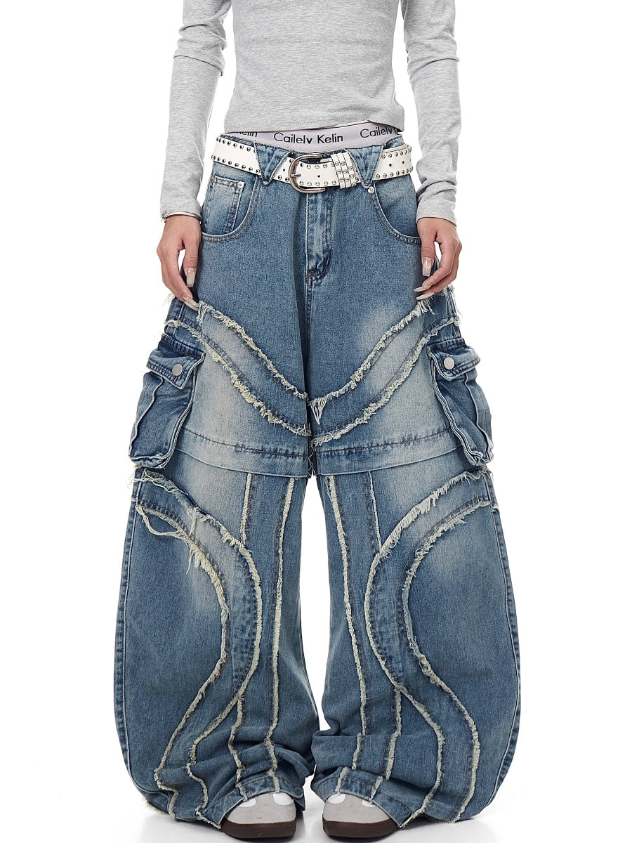 Raw Edge Stitching Cargo Jeans BK7022