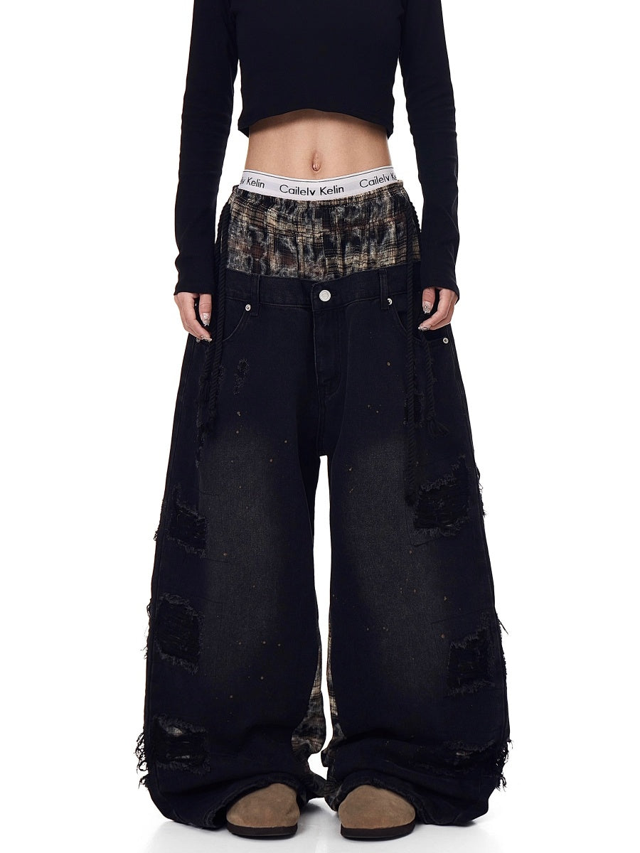 Double Waist Splicing Ripped Curve Jeans MW10273