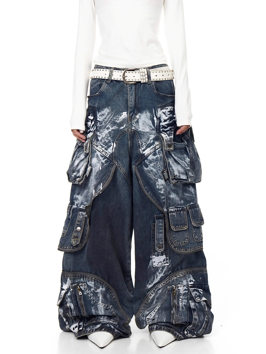 Dirty Worn Zipper Splicing Cargo Jeans BK7043
