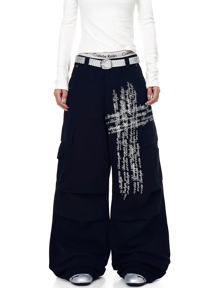 Washed Pleated Letter Print Cargo Pants BK7013