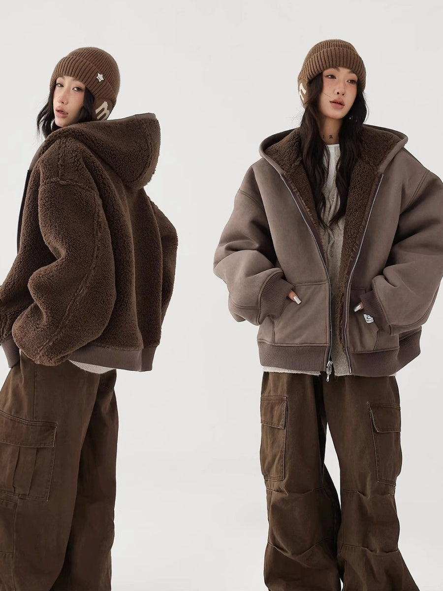 Reversible Polar Fleece Loose Hooded Jacket AC7017